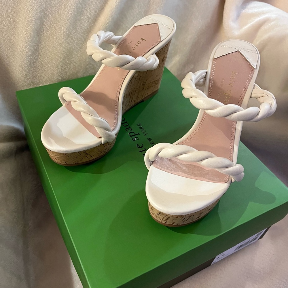 Sz 6 Kate Spade NWT IN BOX Nina Cream (off white)Leather Wedge Sandals
